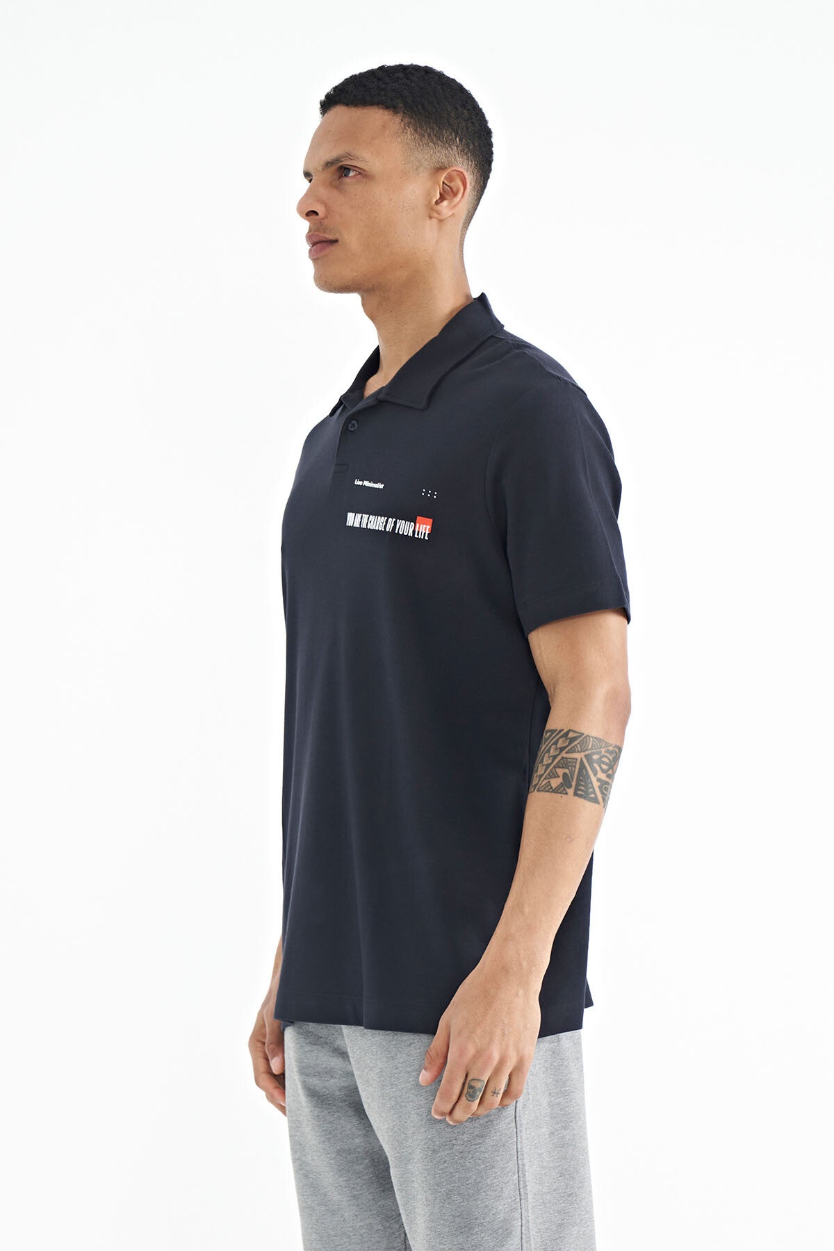 Image of Lacivert Yazı Baskılı Standart Form Polo Yaka Erkek T-shirt - 88236
