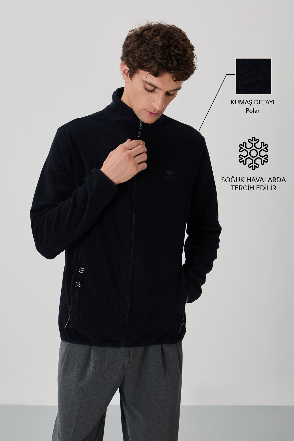 Image of Lacivert Yazı Nakışlı Dik Yaka Fermuarlı Standart Kalıp Erkek Sweatshirt Polar - 87992
