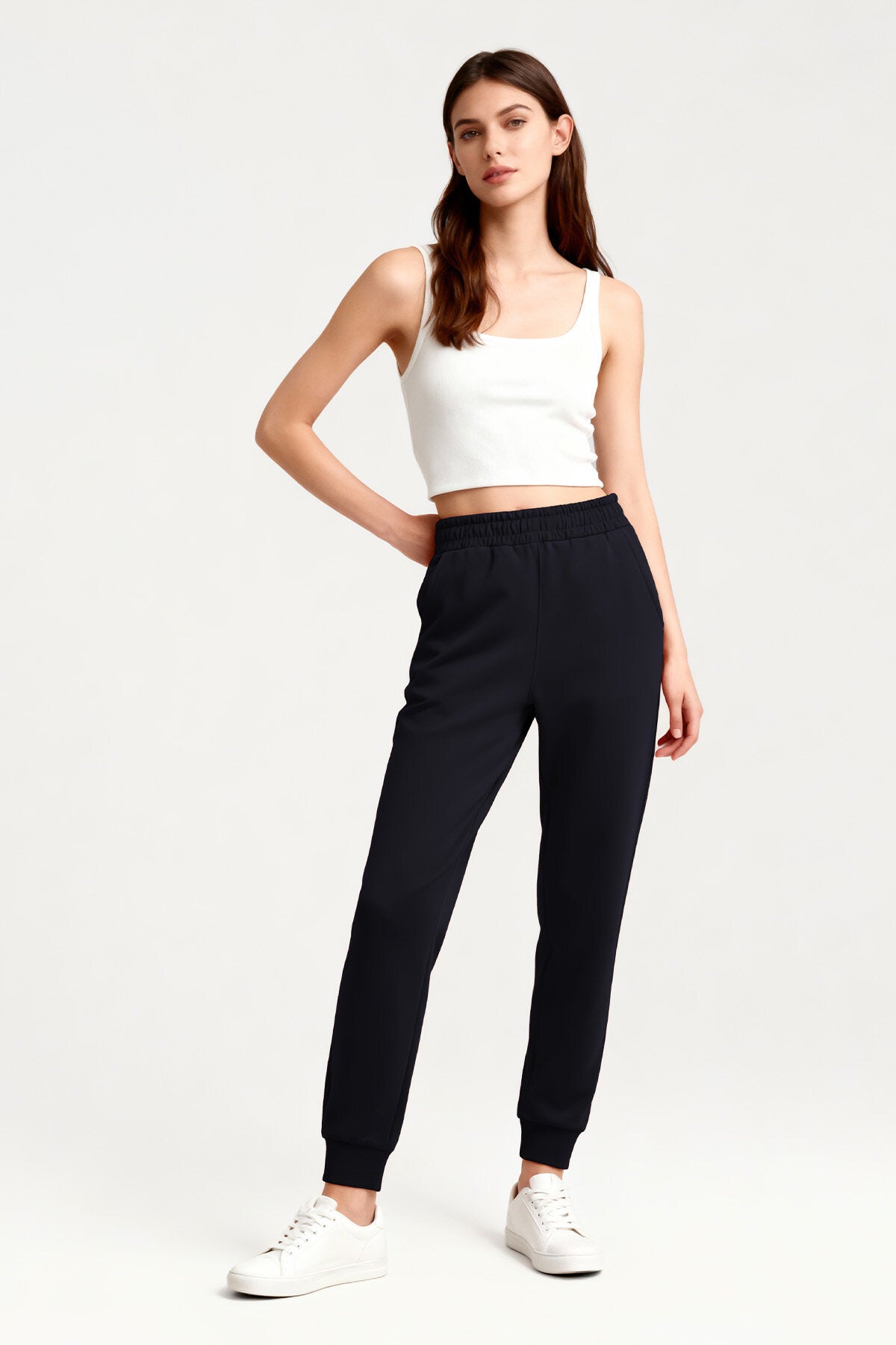 Image of Pantaloni de trening damă bleumarin cu talie înaltă, croială confortabilă și manșete - 94561