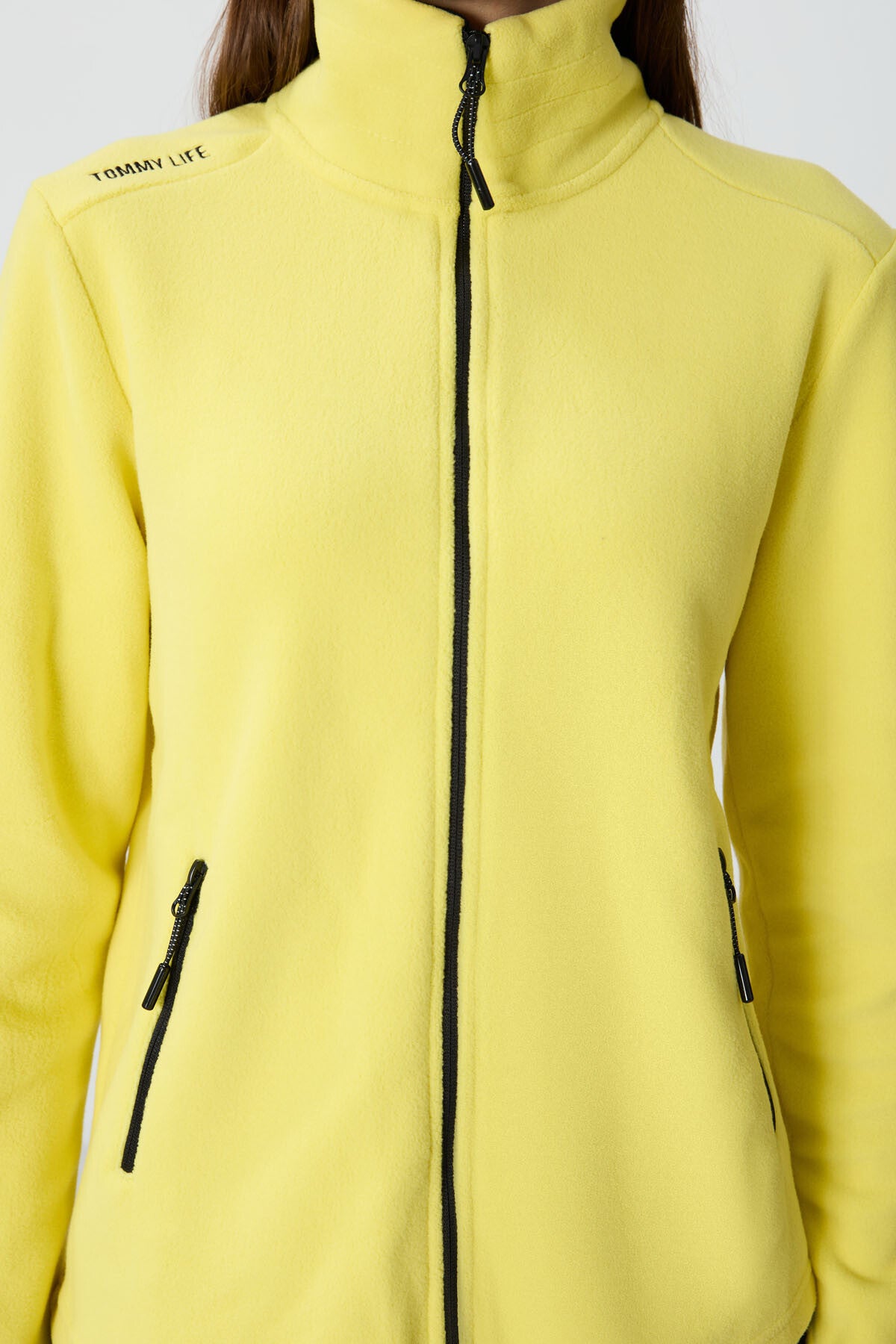 Image of Hanorac de damă din fleece cu guler înalt și fermoar, croială relaxată, cu culoarea lămâie - 97173