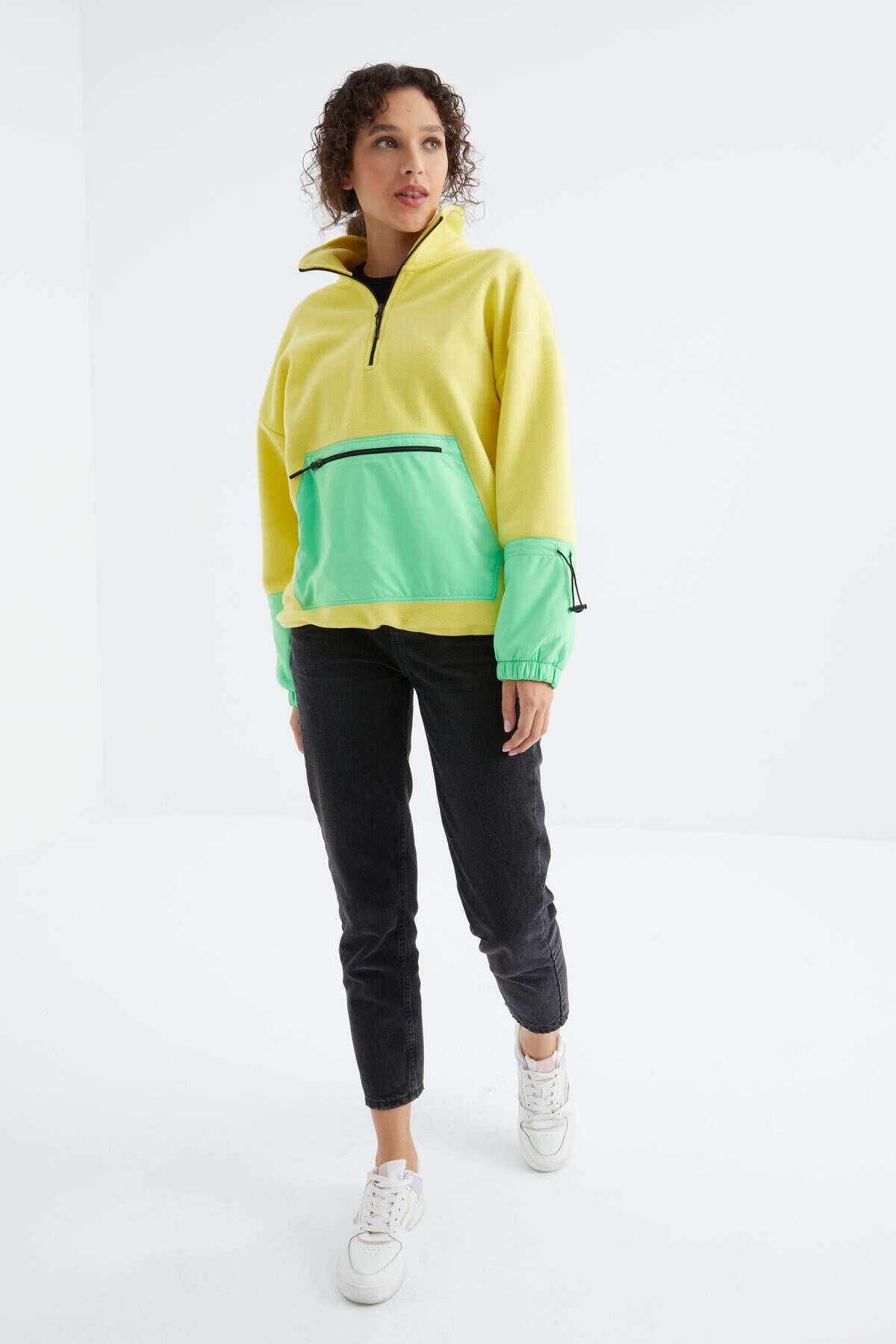 Image of Limon Etek Ucu Büzgülü Yarım Fermuarlı Oversize Kadın Polar Sweatshirt - 97238