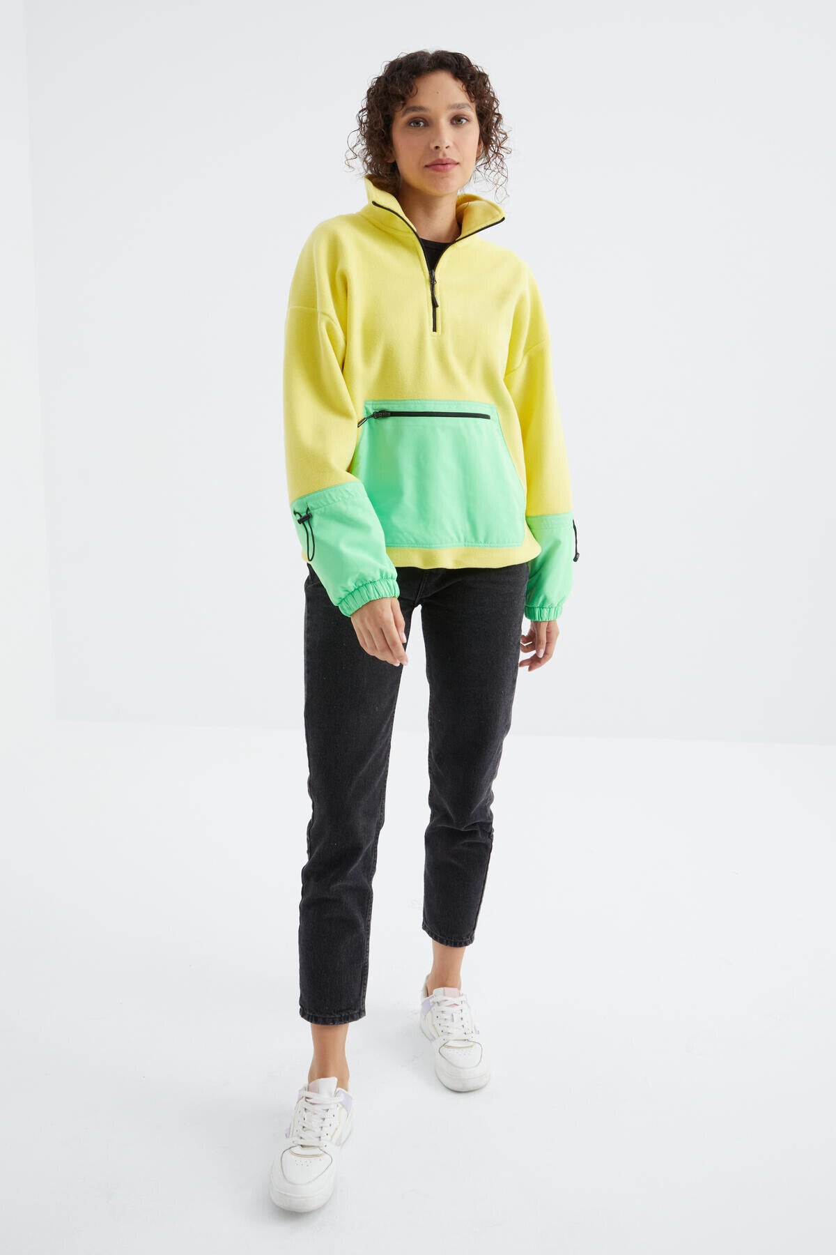 Image of Limon Etek Ucu Büzgülü Yarım Fermuarlı Oversize Kadın Polar Sweatshirt - 97238