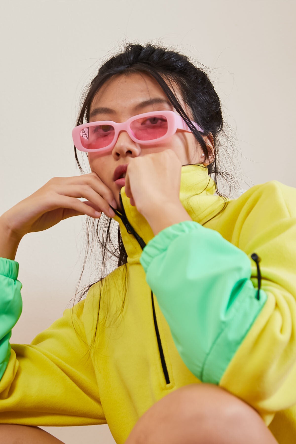 Image of Limon Etek Ucu Büzgülü Yarım Fermuarlı Oversize Kadın Polar Sweatshirt - 97238
