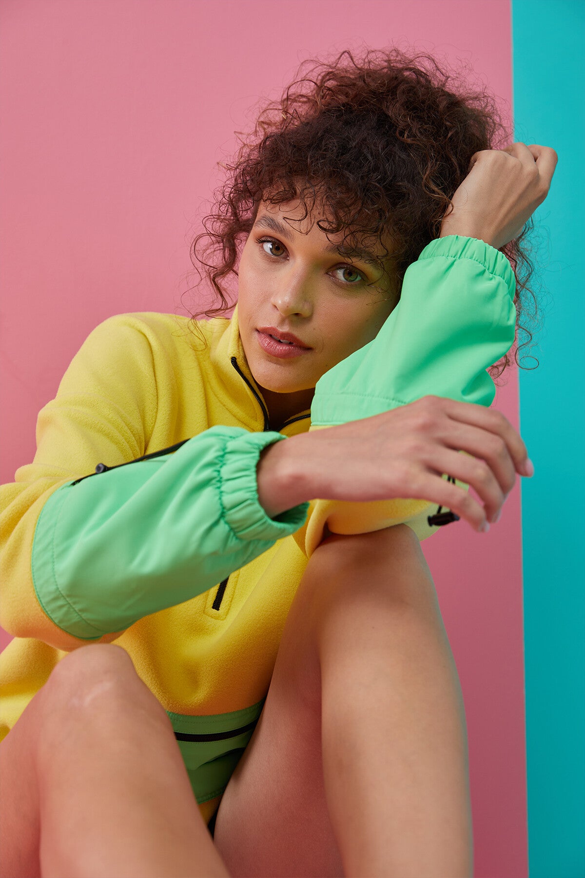 Image of Limon Etek Ucu Büzgülü Yarım Fermuarlı Oversize Kadın Polar Sweatshirt - 97238