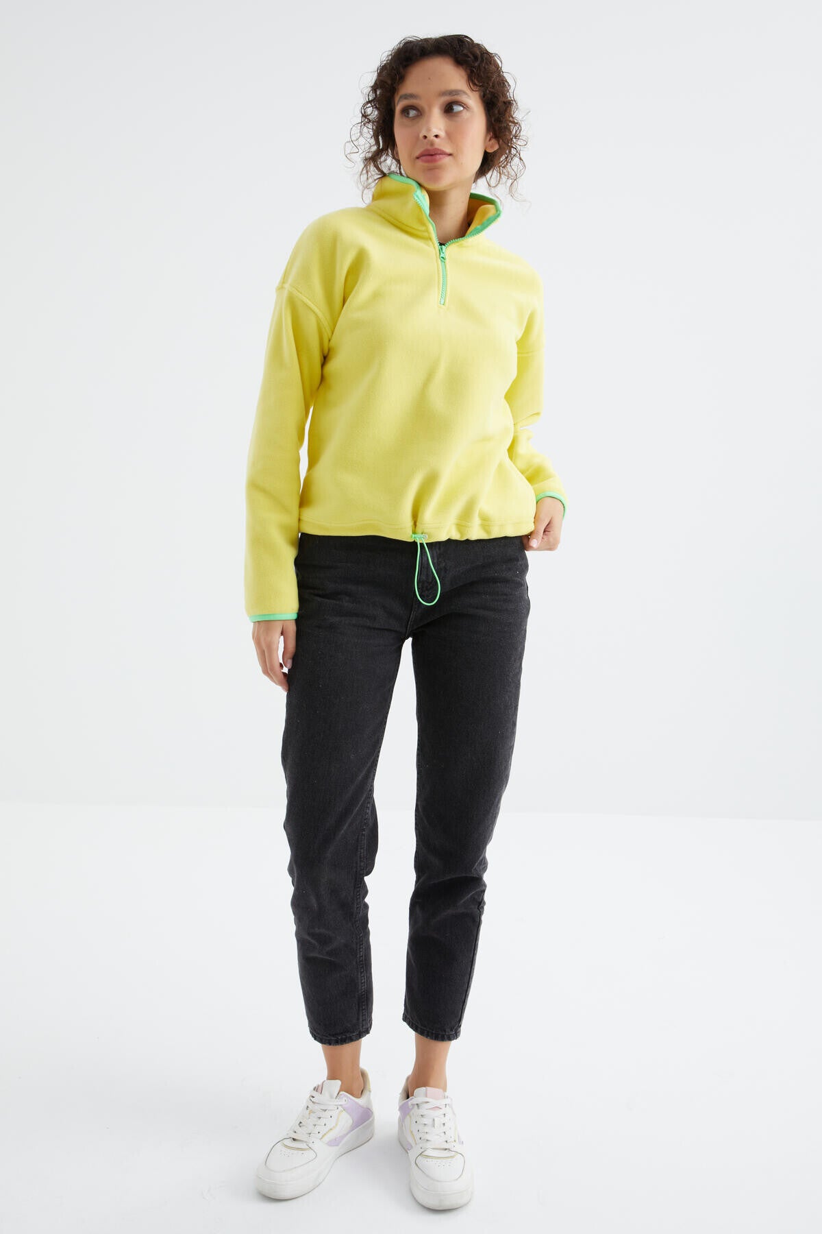 Image of Limon Yarım Fermuar Etek Ucu Büzgülü Dik Yaka Oversize Kadın Polar Sweatshirt - 97234