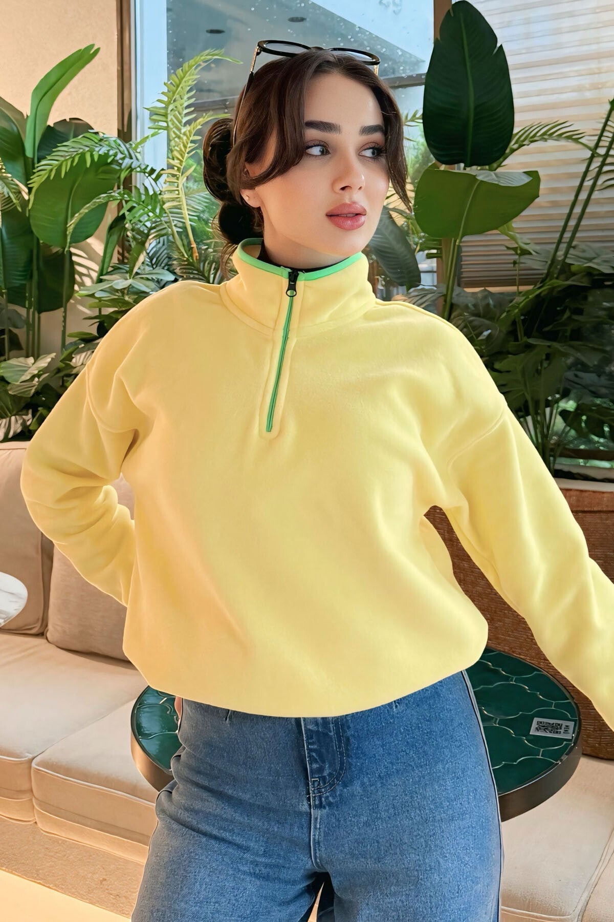 Image of Limon Yarım Fermuar Etek Ucu Büzgülü Dik Yaka Oversize Kadın Polar Sweatshirt - 97234