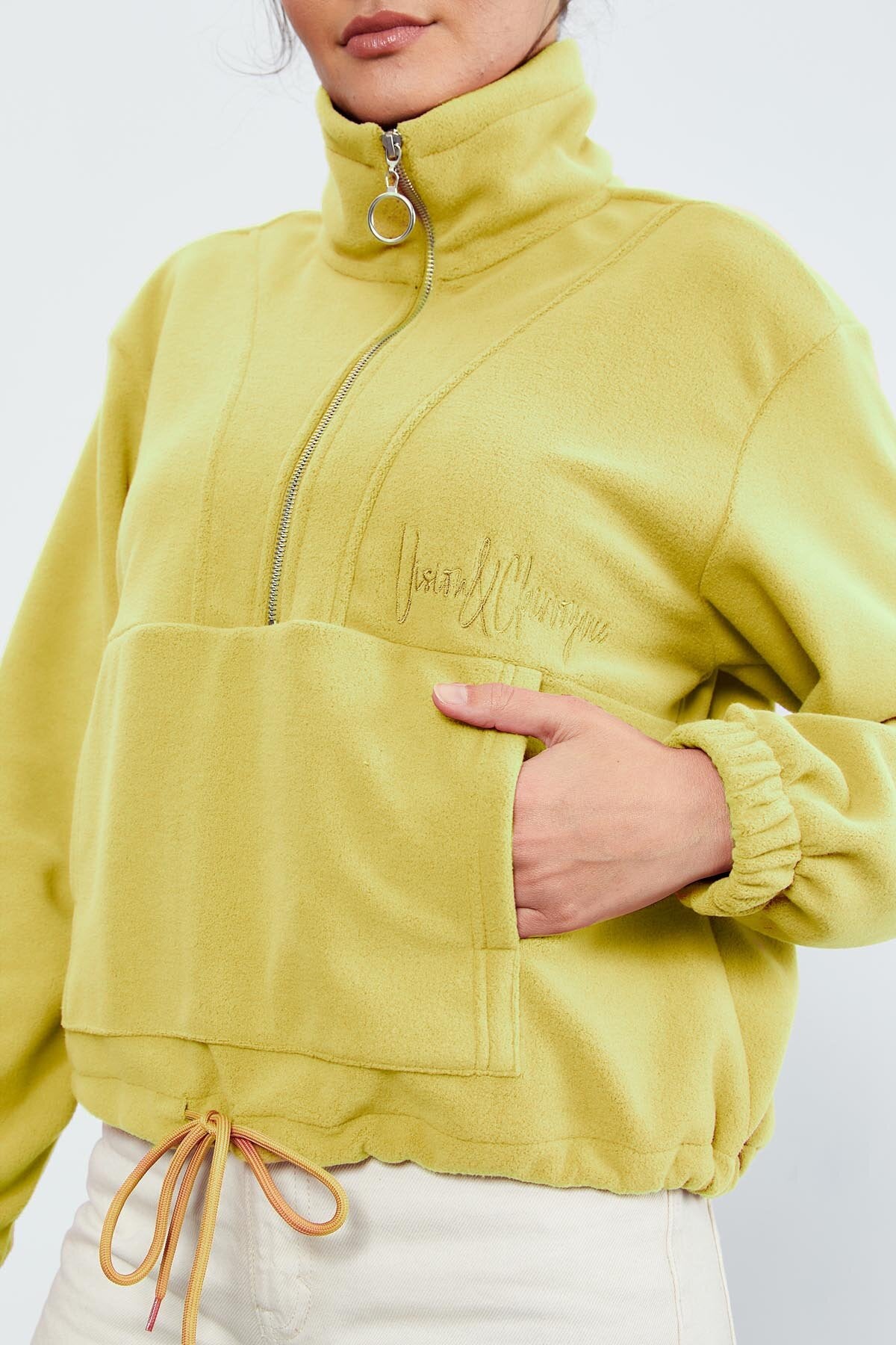 Image of Limon Yarım Fermuar Etek Ucu Büzgülü Kadın Polar Oversize Sweatshirt - 97171