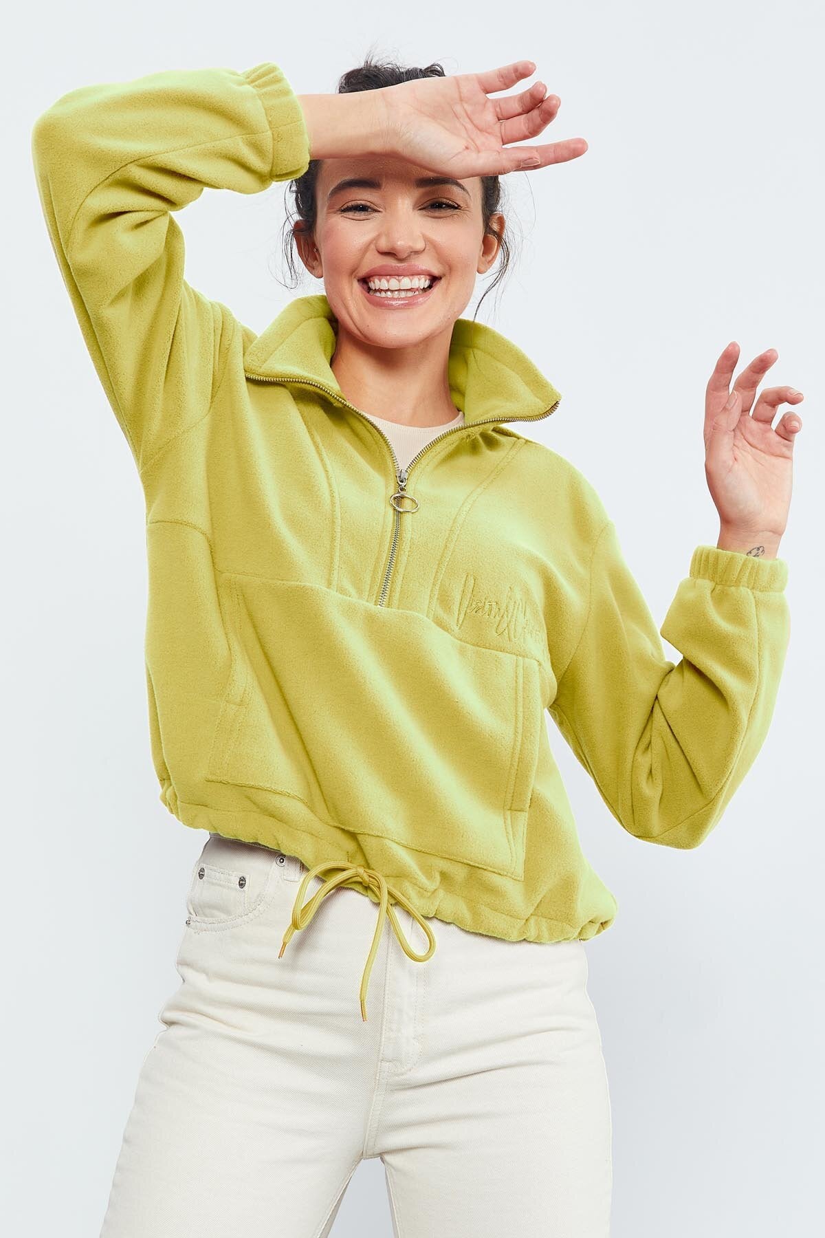 Image of Limon Yarım Fermuar Etek Ucu Büzgülü Kadın Polar Oversize Sweatshirt - 97171