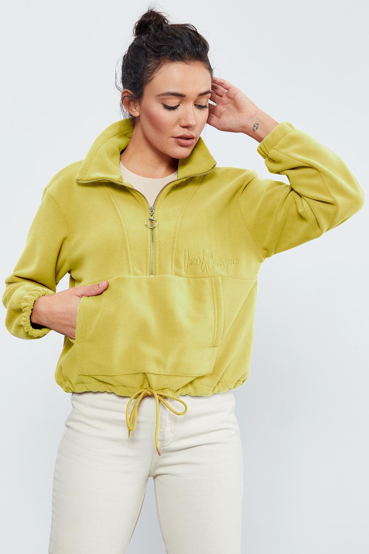 Image of Limon Yarım Fermuar Etek Ucu Büzgülü Kadın Polar Oversize Sweatshirt - 97171