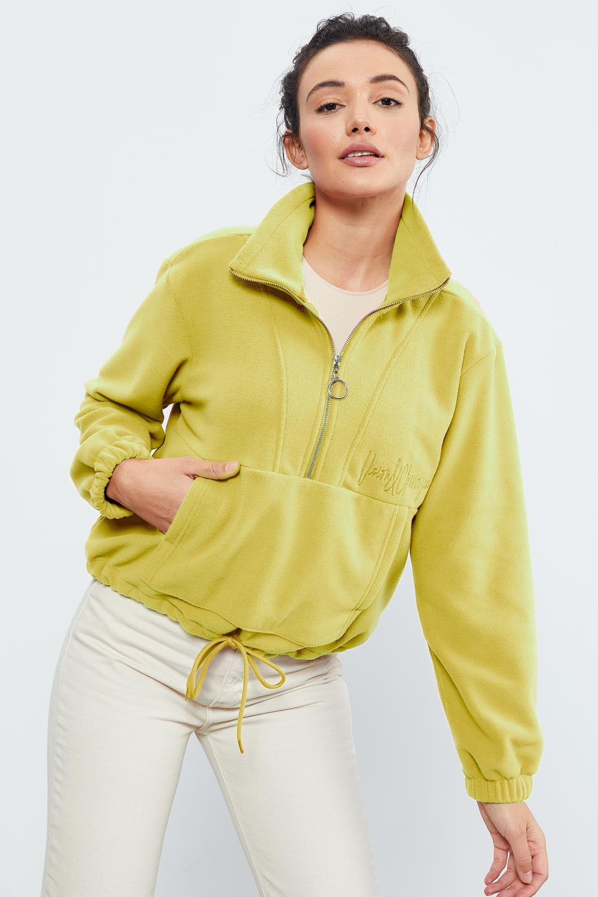 Image of Limon Yarım Fermuar Etek Ucu Büzgülü Kadın Polar Oversize Sweatshirt - 97171