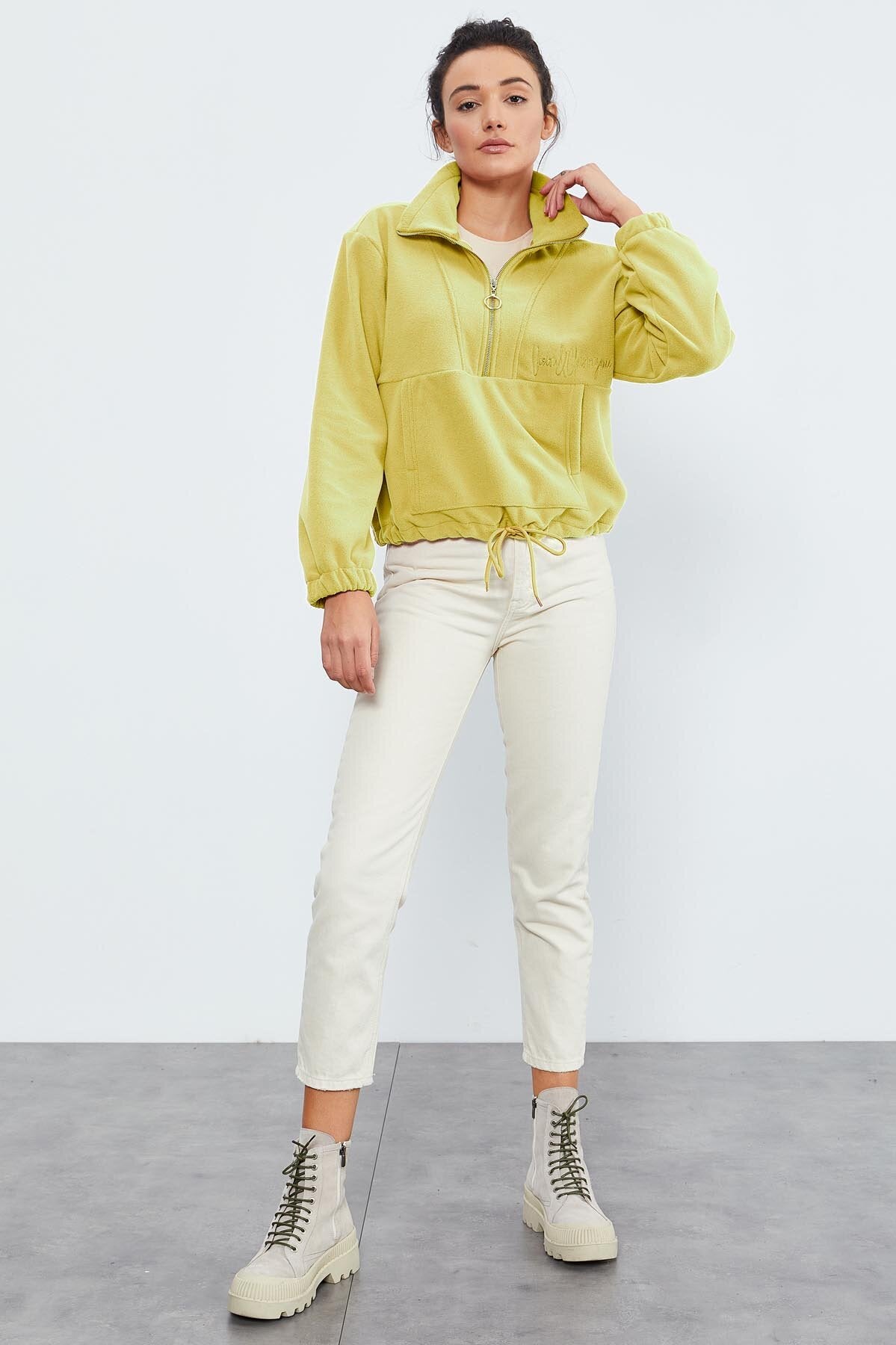 Image of Limon Yarım Fermuar Etek Ucu Büzgülü Kadın Polar Oversize Sweatshirt - 97171
