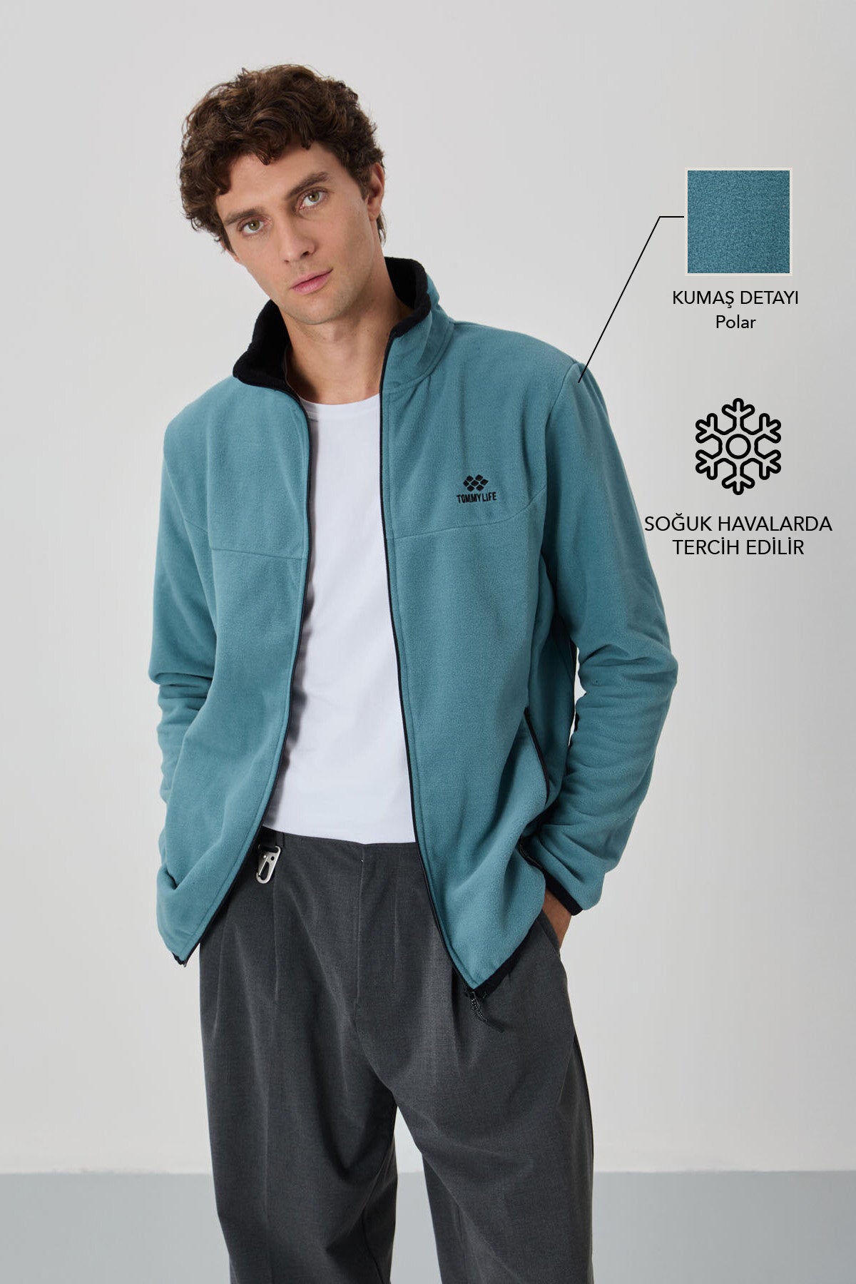 Image of Mint Yeşili Yazı Nakışlı Dik Yaka Fermuarlı Standart Kalıp Erkek Sweatshirt Polar - 87992