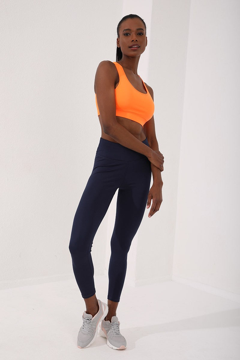Image of Sutien sport pentru femei, croială slim fit, cu decolteu în U, portocaliu neon, cu detalii la spate - 97120