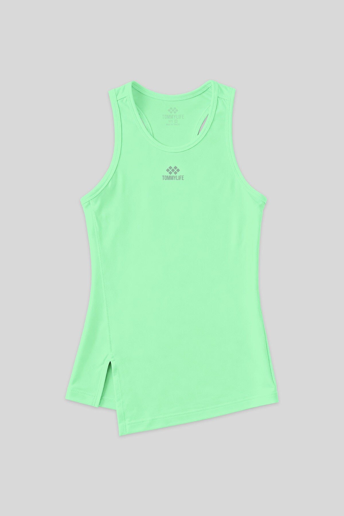 Image of Neon Yeşil Yırtmaç Detaylı O Yaka Sıfır Kollu Standart Kalıp Kadın Spor Atlet - 97256