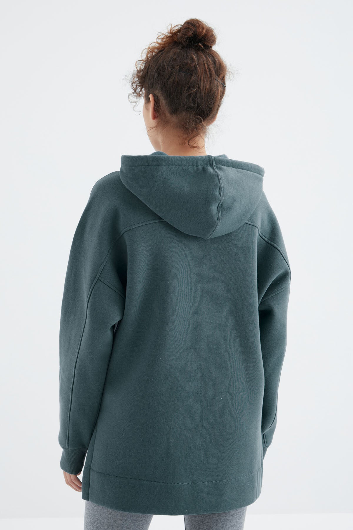 Image of Orman Yeşili Reglan Kol Basic Kapüşonlu Oversize Sweatshirt Tunik - 97242