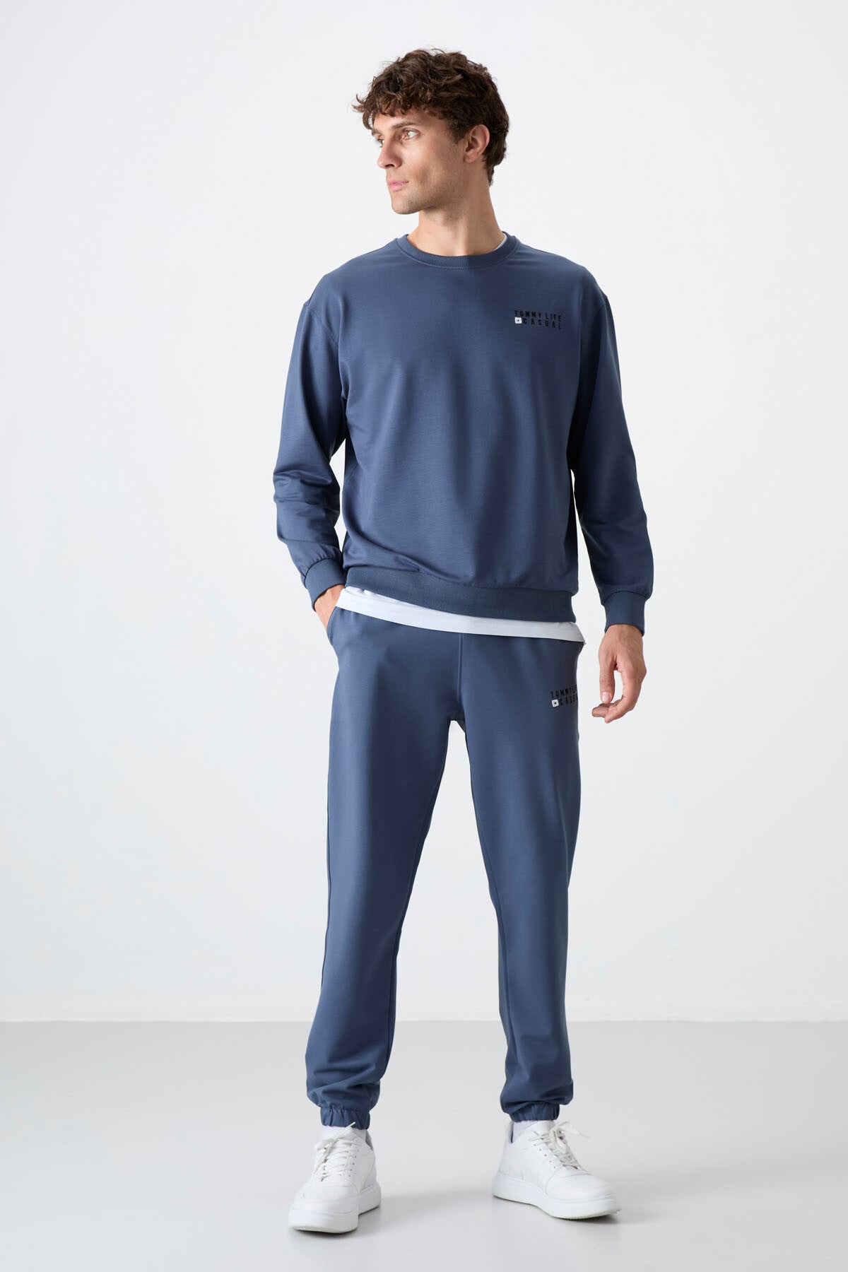 Image of Petrol Casual O Yaka Lastik Paça Pamuklu Erkek Oversize Eşofman Takımı - 85120