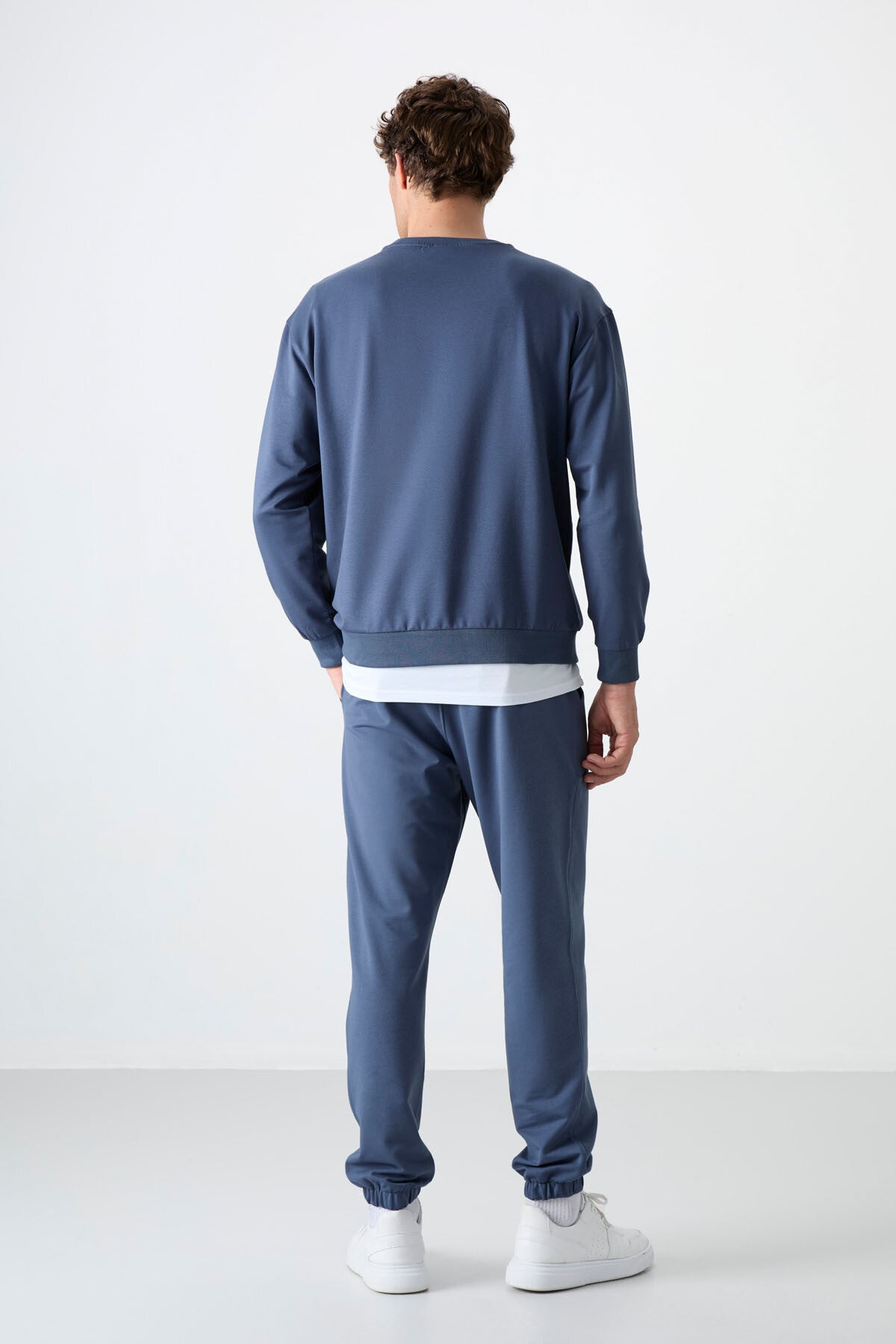 Image of Set trening bărbătesc supradimensionat, culoare petrol, cu guler rotund, tiv elastic, bumbac - 85120