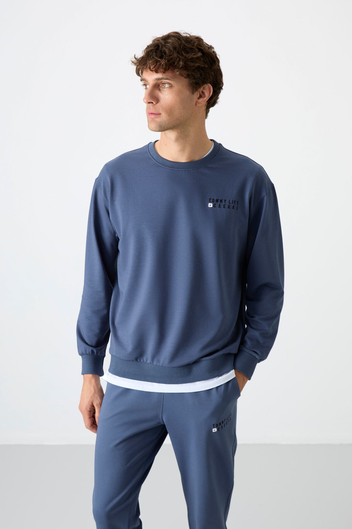 Image of Petrol Casual O Yaka Lastik Paça Pamuklu Erkek Oversize Eşofman Takımı - 85120