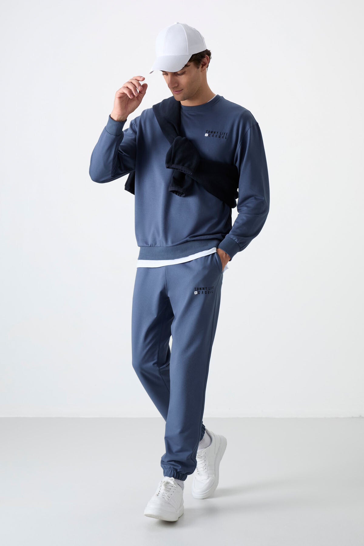 Image of Set trening bărbătesc supradimensionat, culoare petrol, cu guler rotund, tiv elastic, bumbac - 85120