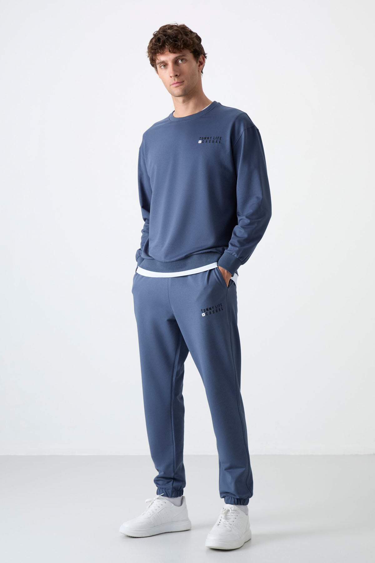 Image of Petrol Casual O Yaka Lastik Paça Pamuklu Erkek Oversize Eşofman Takımı - 85120