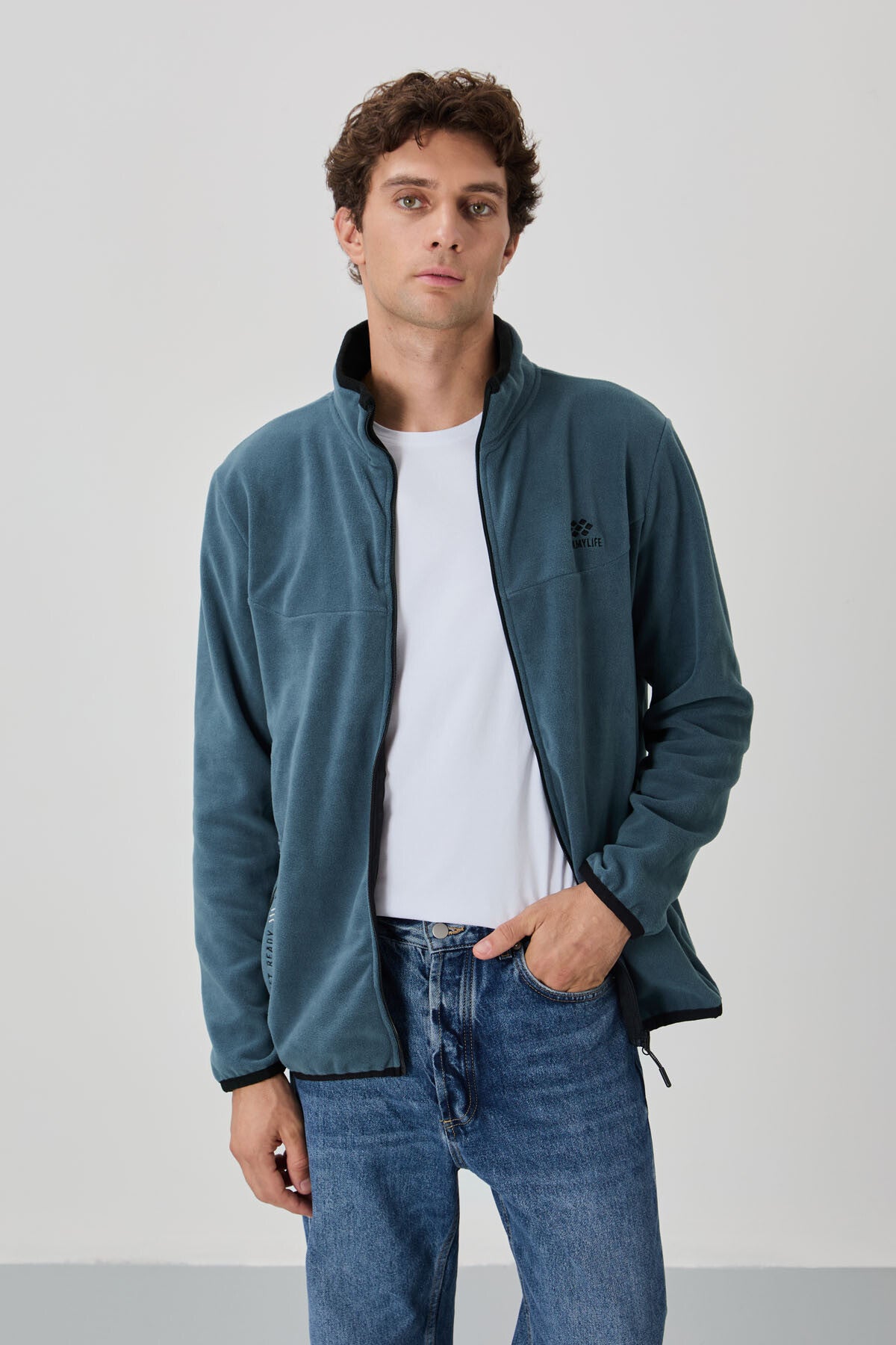 Image of Petrol Yazı Nakışlı Dik Yaka Fermuarlı Standart Kalıp Erkek Sweatshirt Polar - 87992