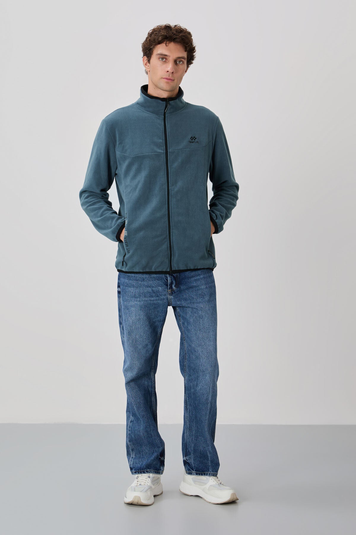 Image of Petrol Yazı Nakışlı Dik Yaka Fermuarlı Standart Kalıp Erkek Sweatshirt Polar - 87992
