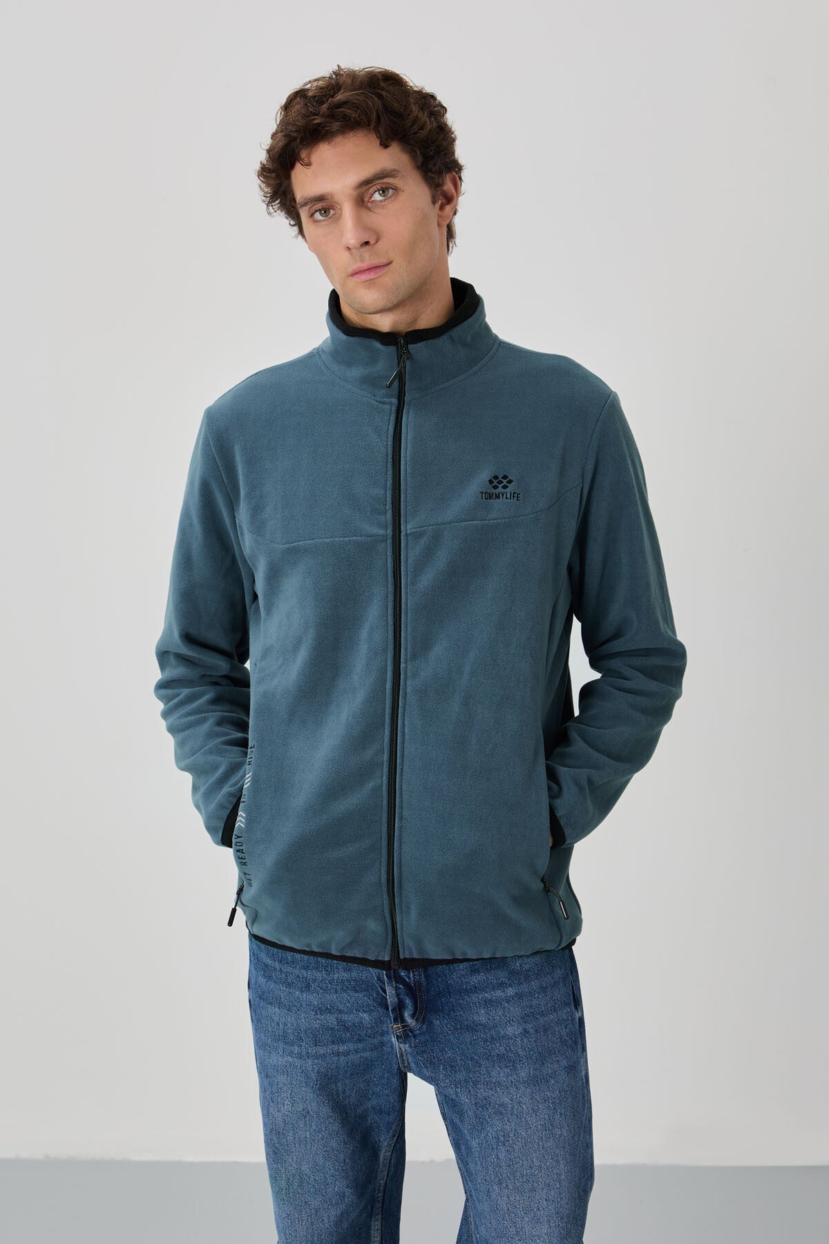 Image of Petrol Yazı Nakışlı Dik Yaka Fermuarlı Standart Kalıp Erkek Sweatshirt Polar - 87992
