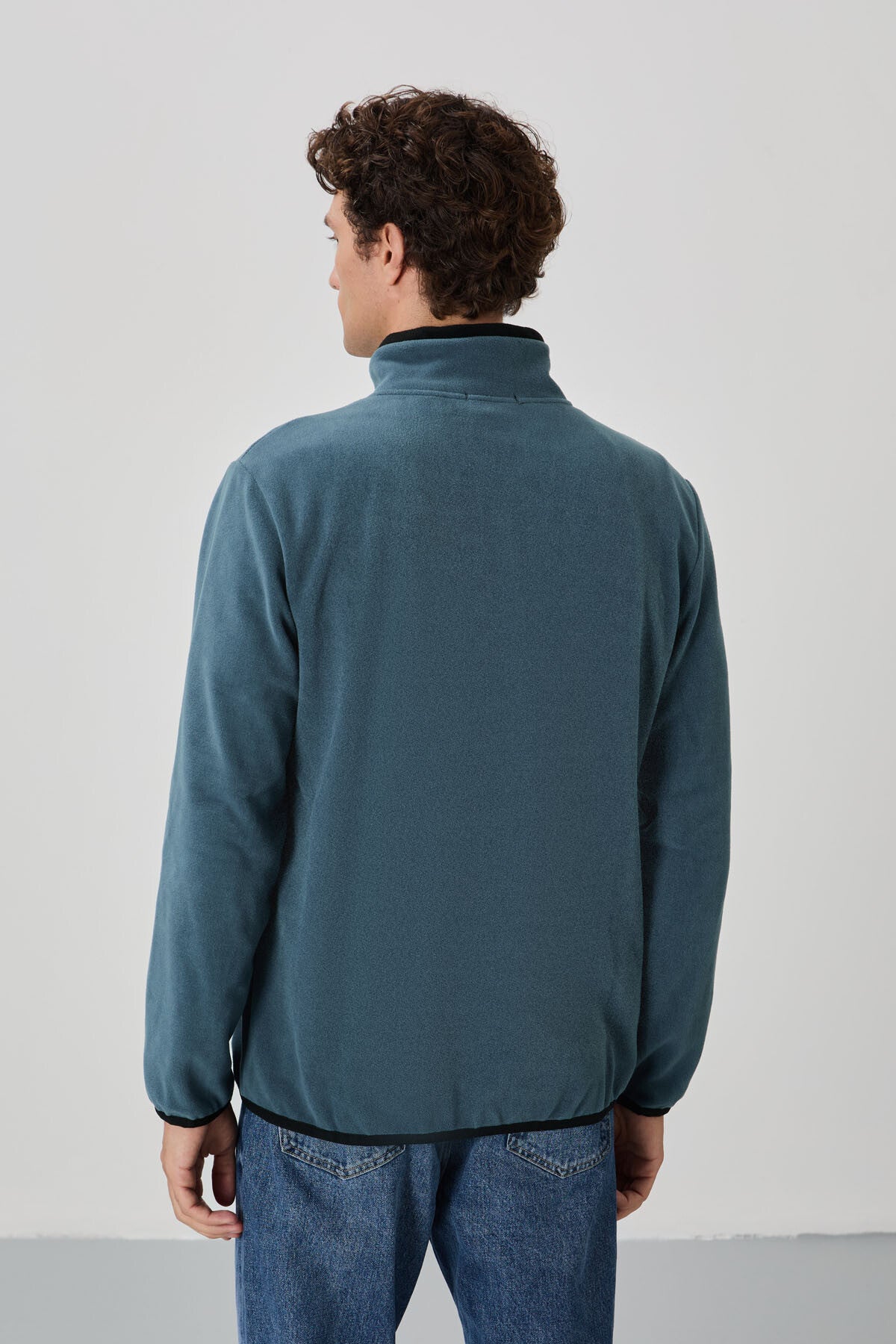 Image of Petrol Yazı Nakışlı Dik Yaka Fermuarlı Standart Kalıp Erkek Sweatshirt Polar - 87992