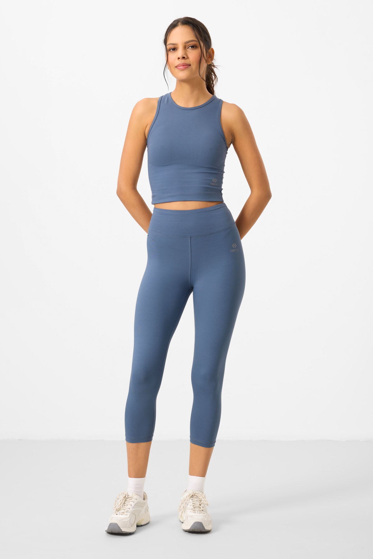 Image of Petrol Yüksek Bel Kapri-Crop Atlet Slim Fit Kadın Tayt Takım - 95284