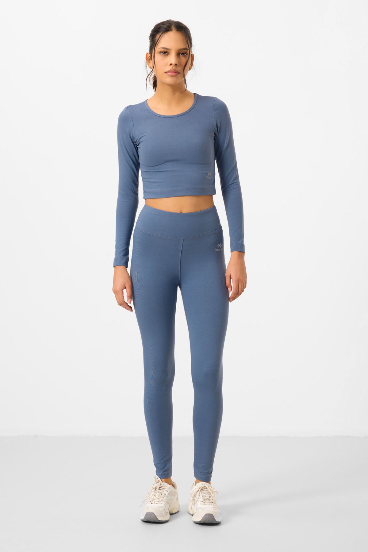 Image of Petrol Yüksek Bel Uzun Kollu Slim Fit Crop Top Kadın Tayt Takım - 95286