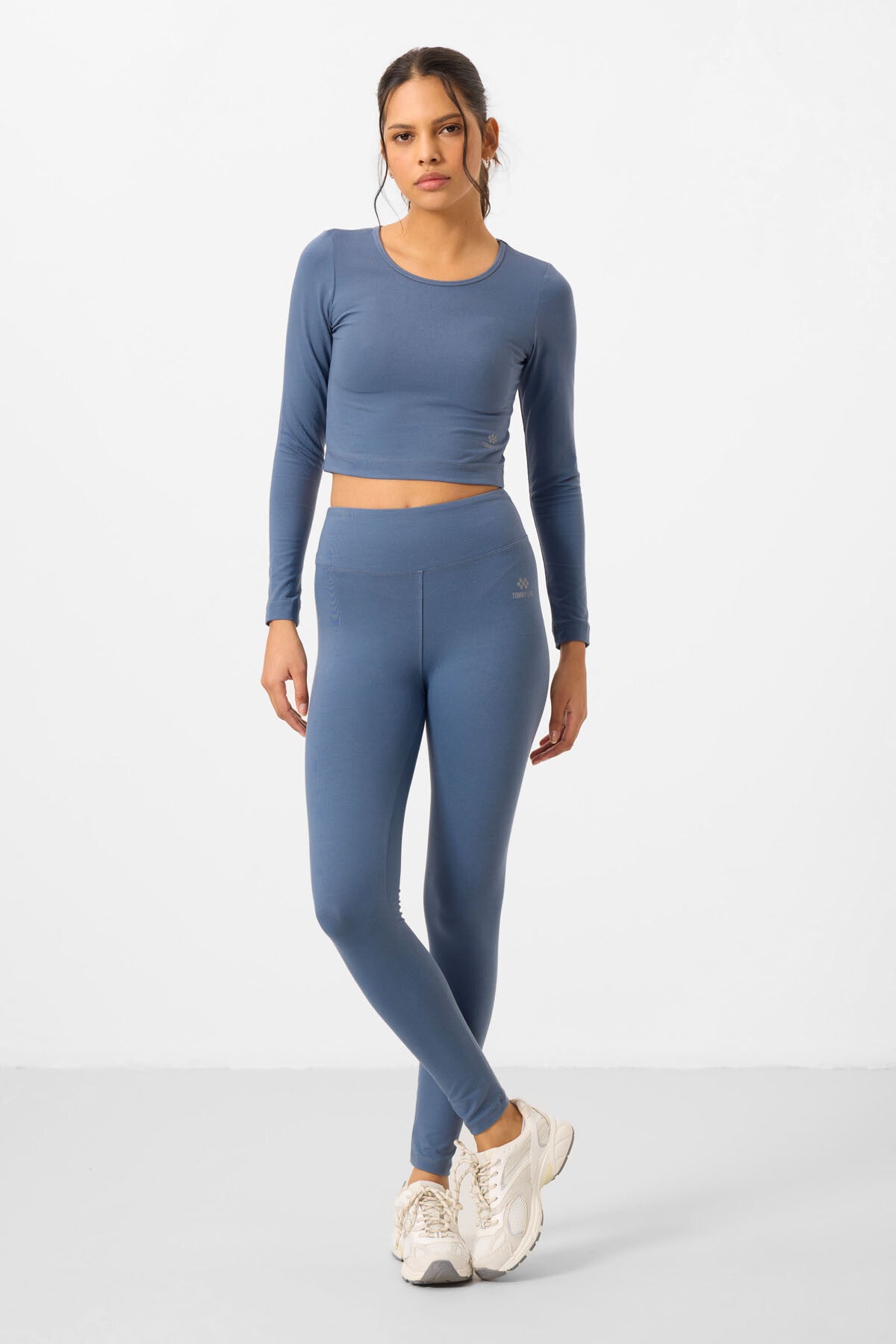 Image of Petrol Yüksek Bel Uzun Kollu Slim Fit Crop Top Kadın Tayt Takım - 95286