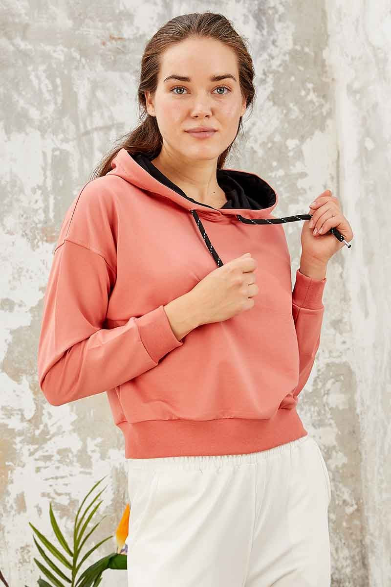 Image of Pudra Uzun Kol Rahat Form Kapüşonlu Kadın Sweatshirt - 97115