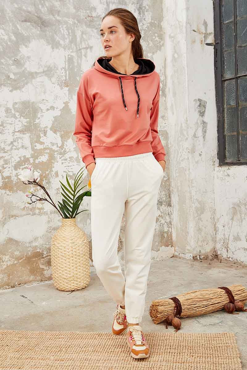 Image of Pudra Uzun Kol Rahat Form Kapüşonlu Kadın Sweatshirt - 97115