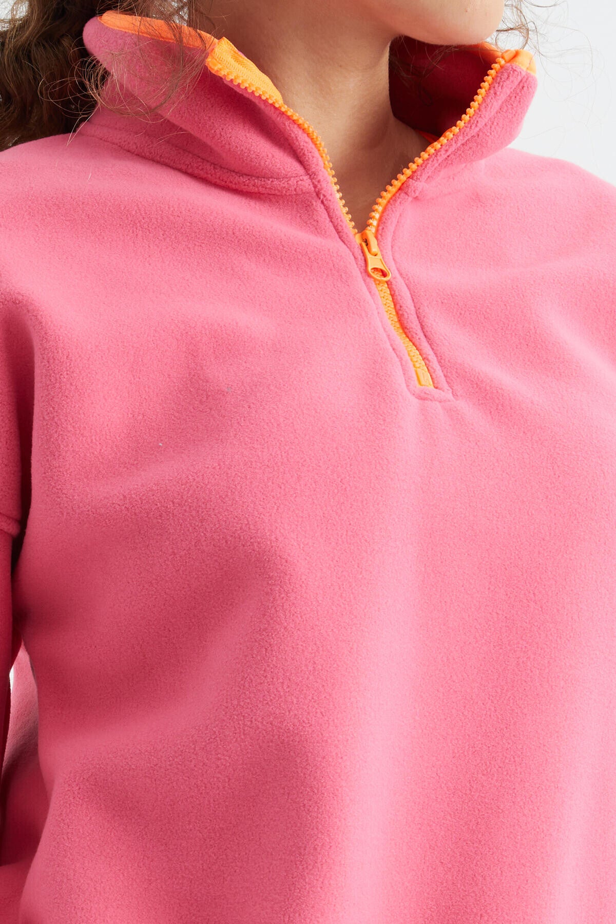 Image of Şeker Pembe Yarım Fermuar Etek Ucu Büzgülü Dik Yaka Oversize Kadın Polar Sweatshirt - 97234