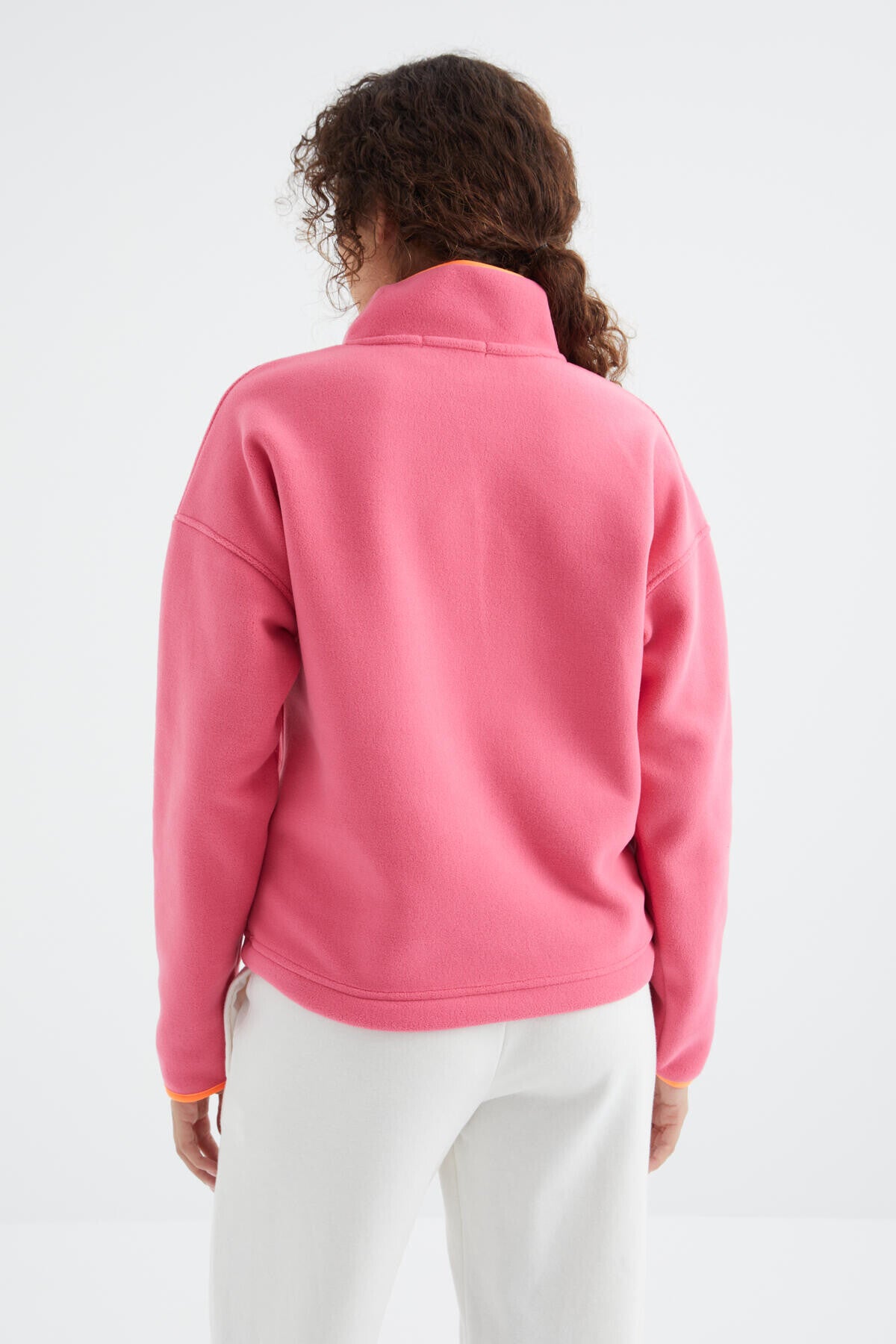 Image of Şeker Pembe Yarım Fermuar Etek Ucu Büzgülü Dik Yaka Oversize Kadın Polar Sweatshirt - 97234