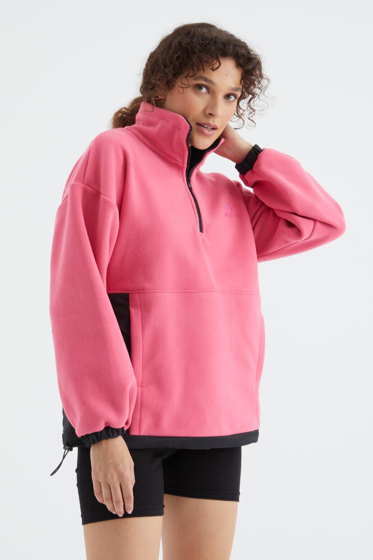 Image of Şeker Pembe Yarım Fermuar Etek Ucu Büzgülü Dik Yaka  Oversize Kadın Polar Sweatshirt - 97236