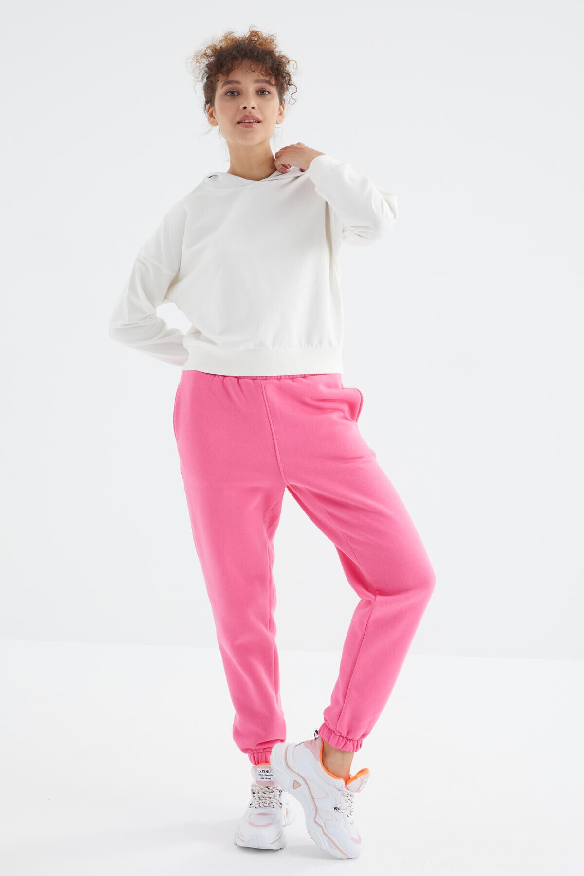 Image of Pantaloni de trening roz-zahar pentru femei, cu talie înaltă, din bumbac periat, cu 3 fire - 94624