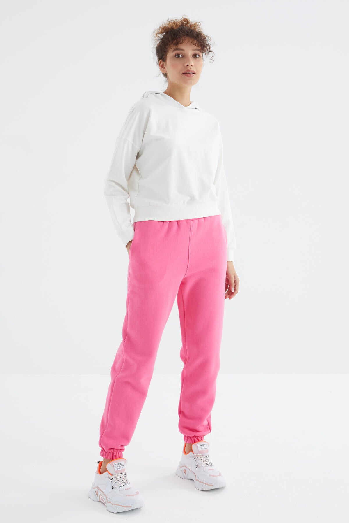Image of Pantaloni de trening roz-zahar pentru femei, cu talie înaltă, din bumbac periat, cu 3 fire - 94624
