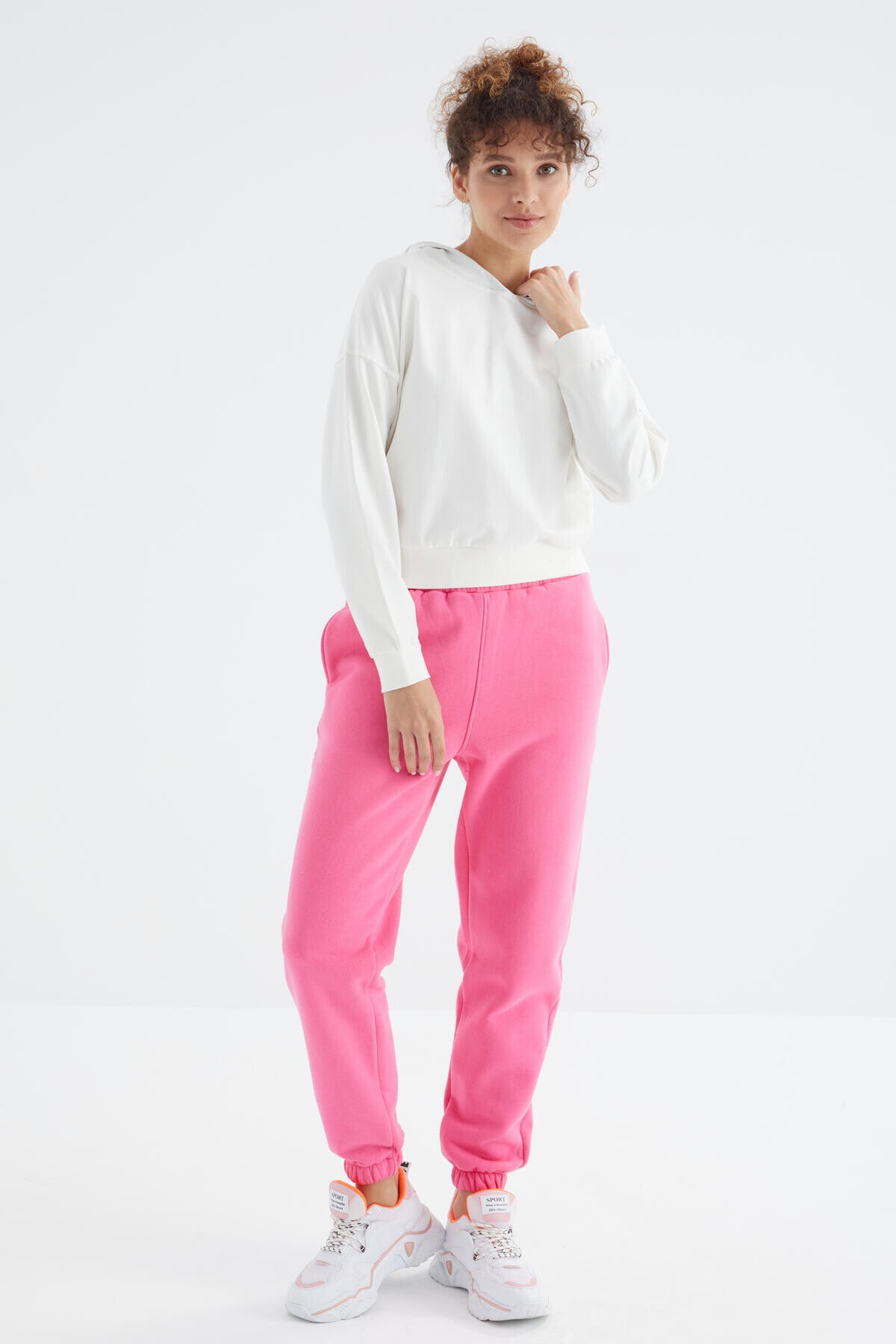Image of Şeker Pembe Yüksek Bel Şardonlu 3 İplik Pamuklu Basic Kadın Eşofman Altı - 94624