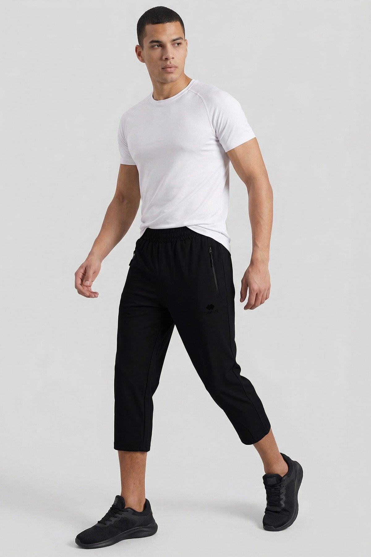 Image of Pantaloni Capri Active Sport pentru bărbați, negri, cu șireturi, croială standard, cu buzunare cu fermoar - 83096