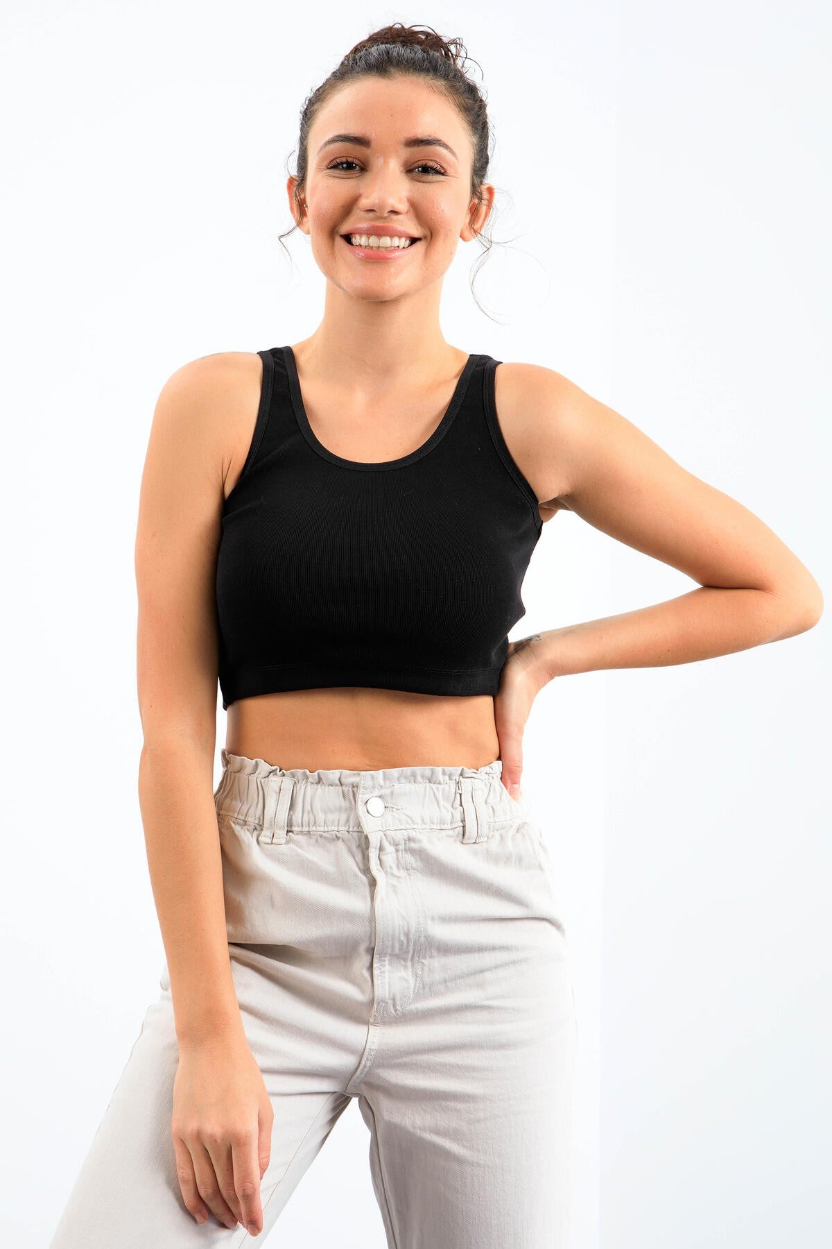 Image of Siyah Basic Sıfır Kol Dar Kalıp U Yaka Kadın Crop Top Atlet - 97162