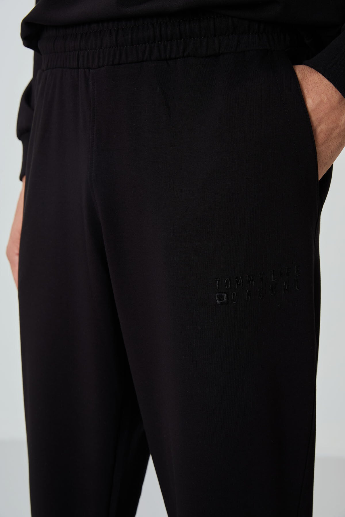 Image of Siyah Casual O Yaka Lastik Paça Pamuklu Erkek Oversize Eşofman Takımı - 85120