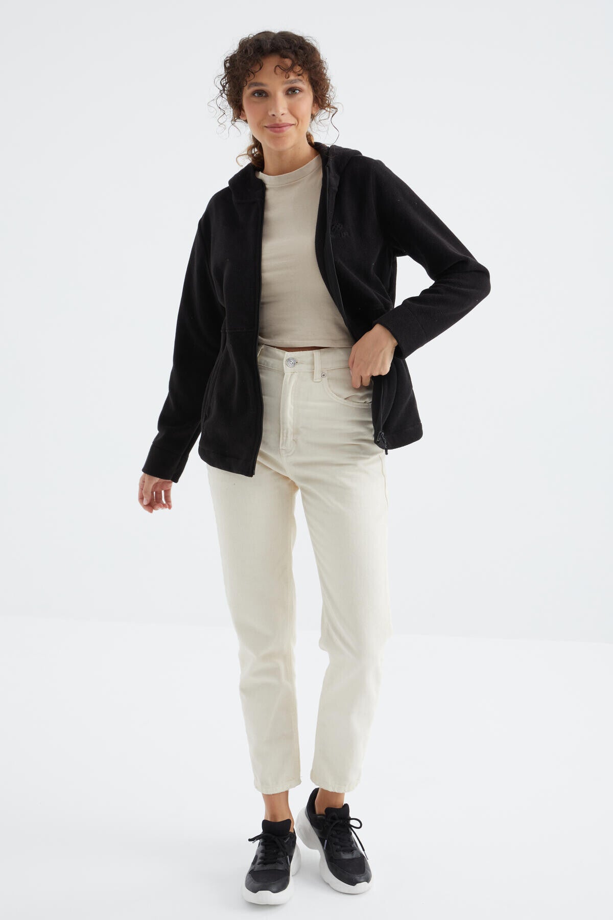 Image of Siyah Kapüşonlu Fermuarlı Rahat Form Kadın Polar Sweatshirt - 97233