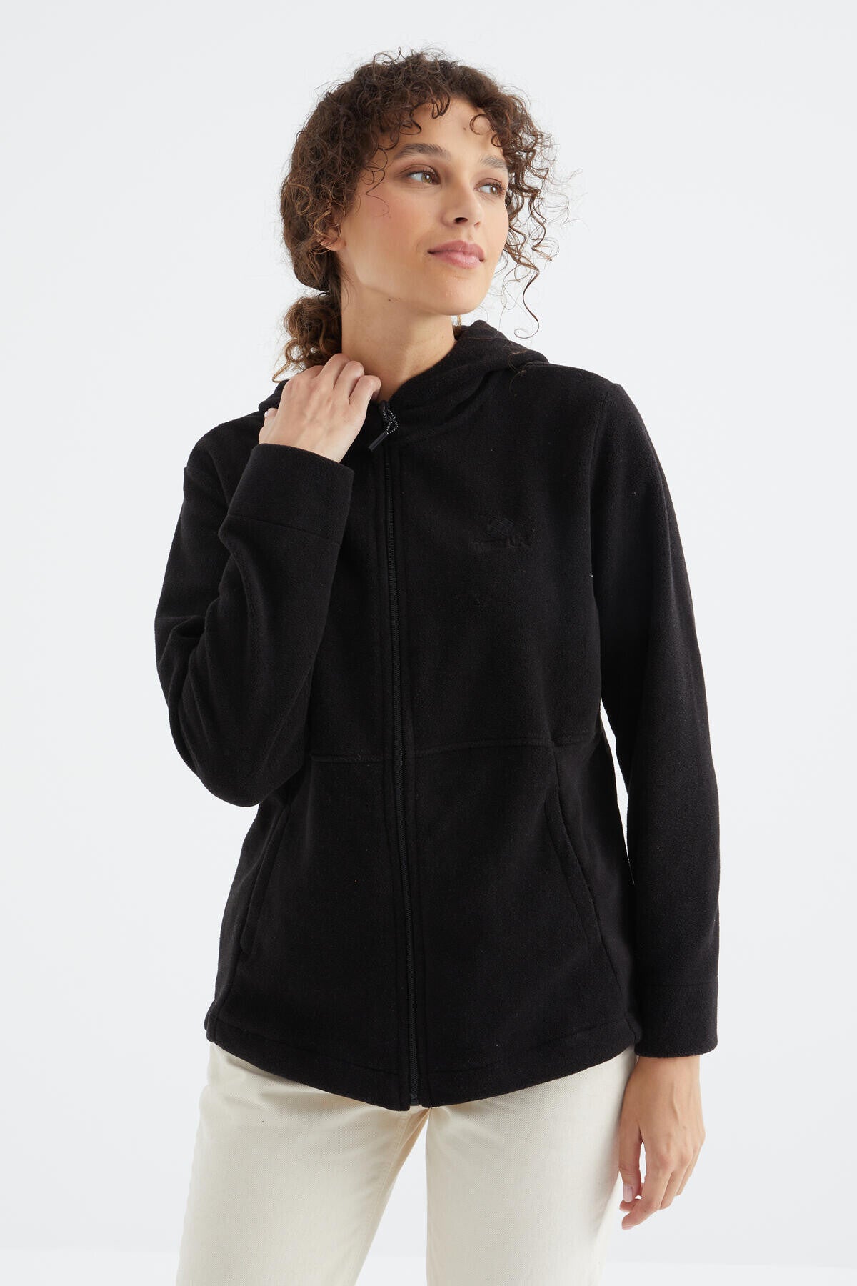Image of Siyah Kapüşonlu Fermuarlı Rahat Form Kadın Polar Sweatshirt - 97233
