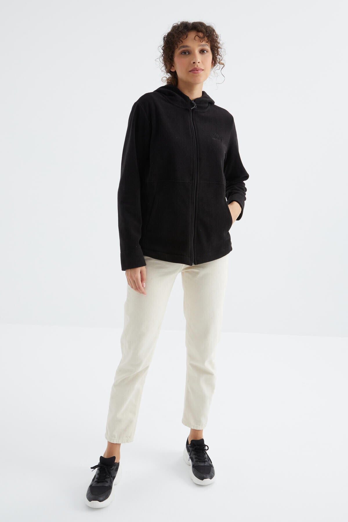 Image of Siyah Kapüşonlu Fermuarlı Rahat Form Kadın Polar Sweatshirt - 97233