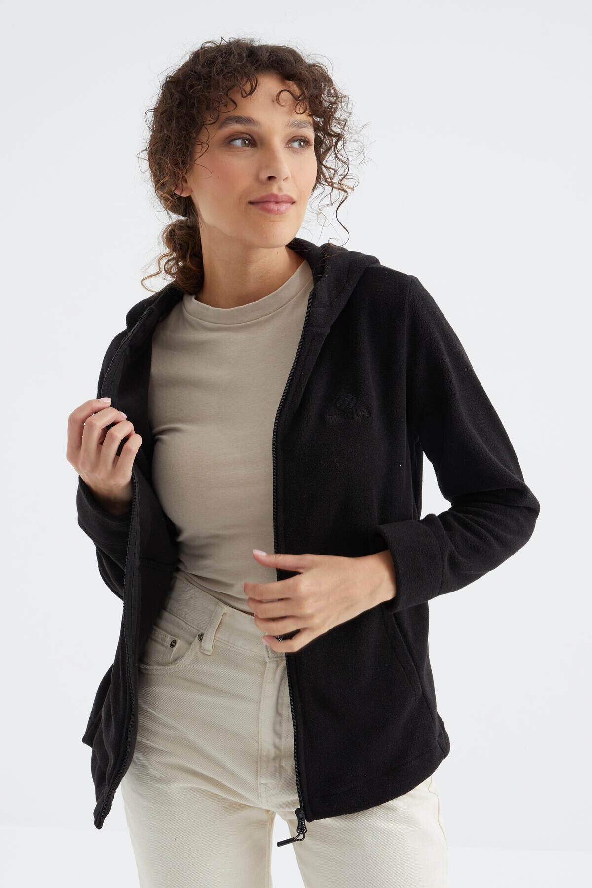 Image of Siyah Kapüşonlu Fermuarlı Rahat Form Kadın Polar Sweatshirt - 97233