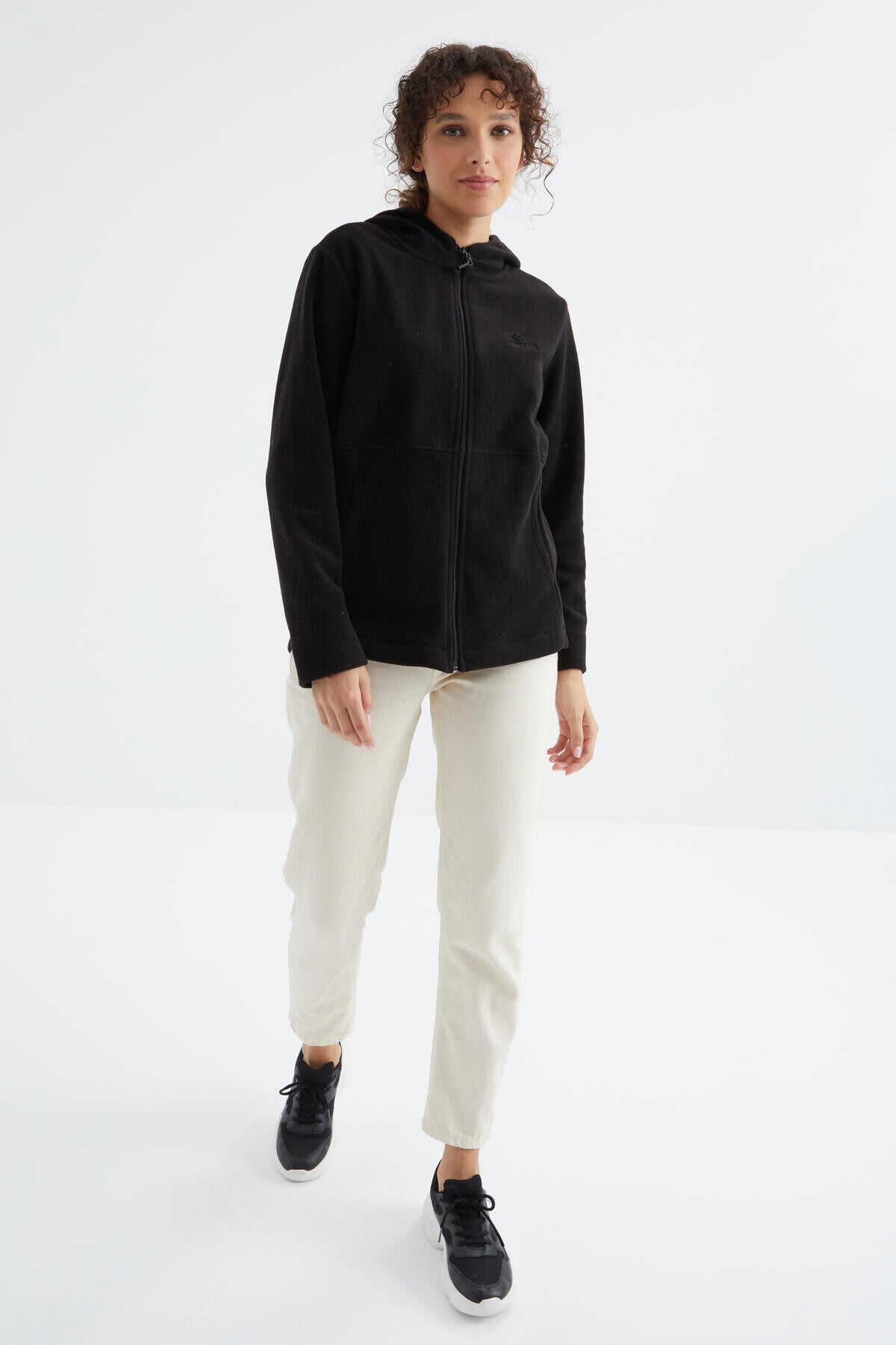 Image of Siyah Kapüşonlu Fermuarlı Rahat Form Kadın Polar Sweatshirt - 97233