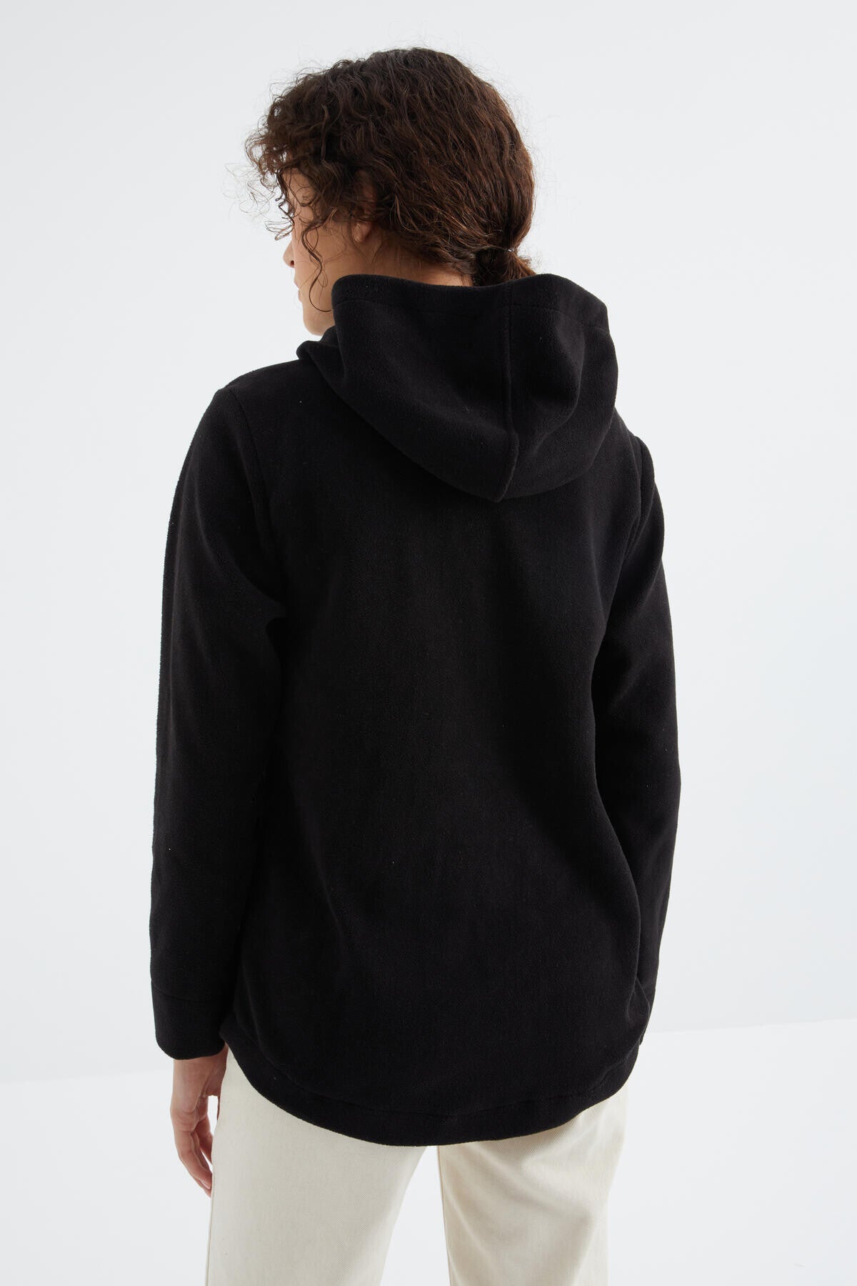 Image of Siyah Kapüşonlu Fermuarlı Rahat Form Kadın Polar Sweatshirt - 97233
