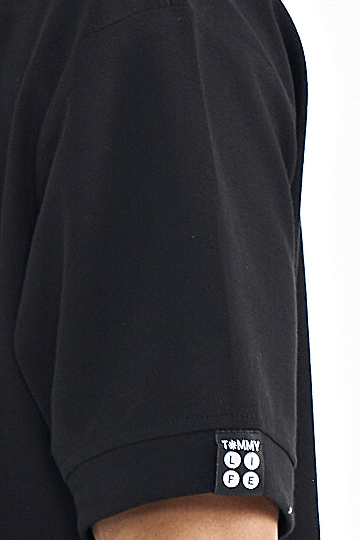 Image of Black Hooded Oversize T-shirt with Sleeve Label Detail for Men - 88179