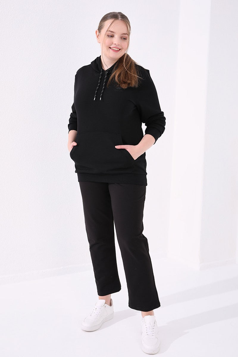 Image of Pantaloni de trening negri cu tiv clasic pentru femei, mărime mare, cu detalii cu pietre - 94040